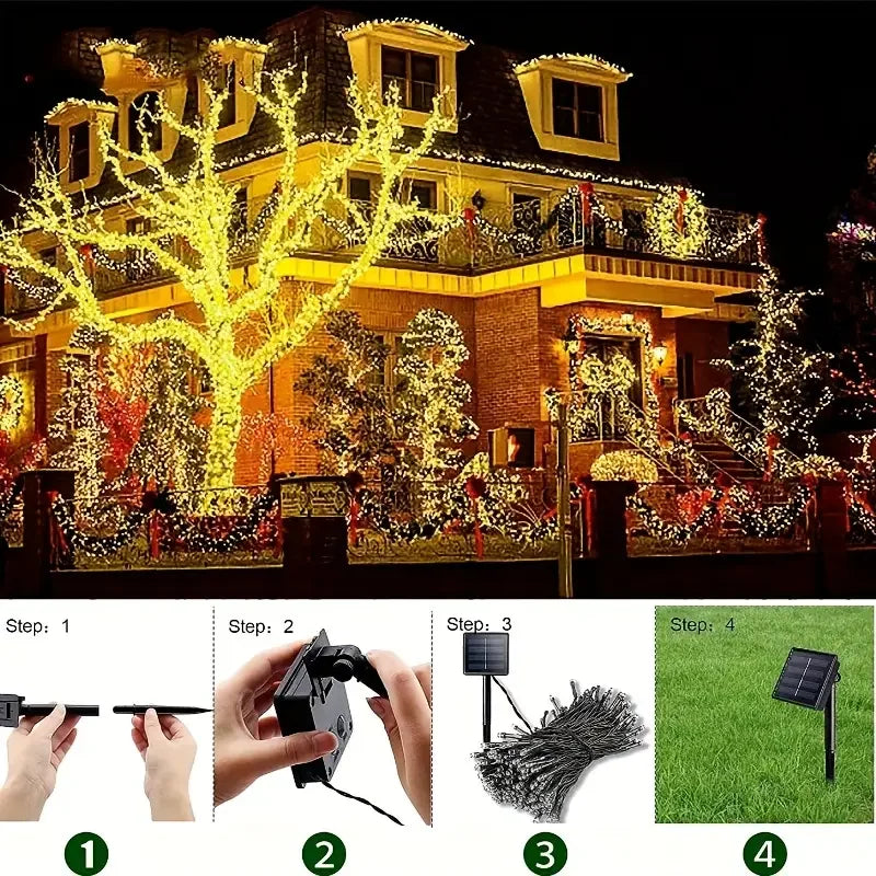 Guirlande solaire scintillante décorant un arbre de Noël