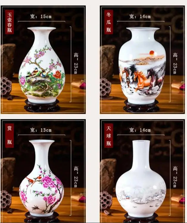 Magnifiques vases chinois décorés de motifs floraux et de paysages, des œuvres d'art traditionnelles avec des dimensions spécifiées.