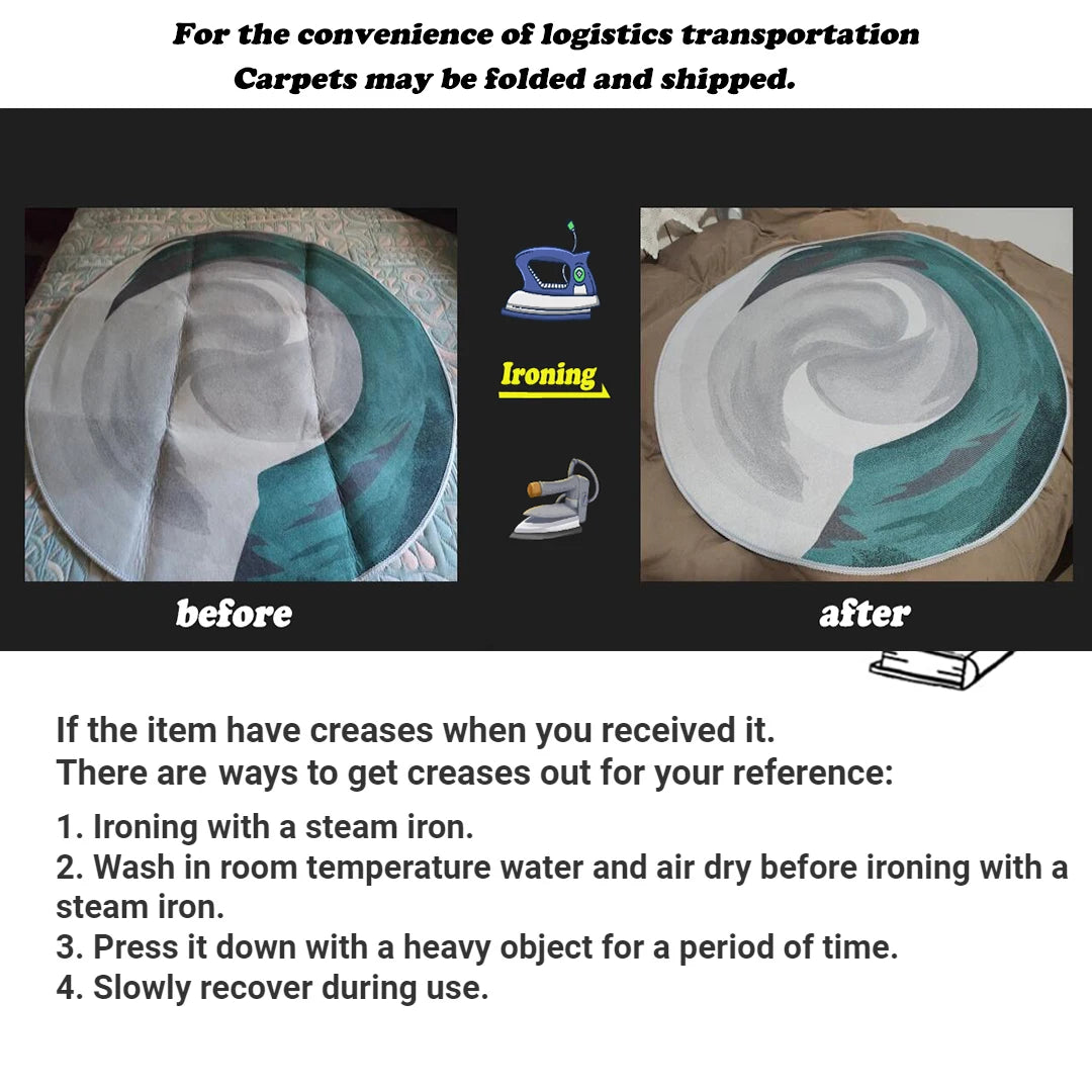 L'image montre un tapis plié et repassé pour faciliter le transport logistique. Des instructions sont fournies pour enlever les plis du tapis, notamment en le repassant à la vapeur et en le laissant reposer.