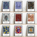 Une collection d'œuvres d'art décoratif dans différents styles et motifs colorés, signées E.A. Séguy, artiste français reconnu pour ses designs inspirés de la nature.