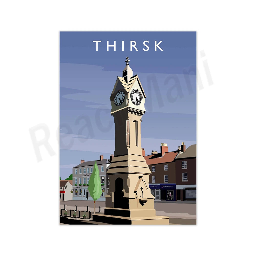 Cette image représente une illustration stylisée de la ville de Thirsk, avec sa célèbre tour de l'horloge et des bâtiments historiques en arrière-plan.
