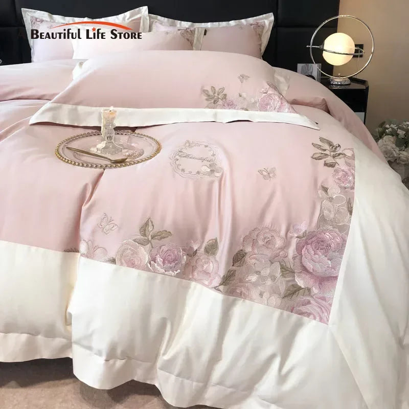 Parure de lit broderie fleurs roses coton égyptien 600TC