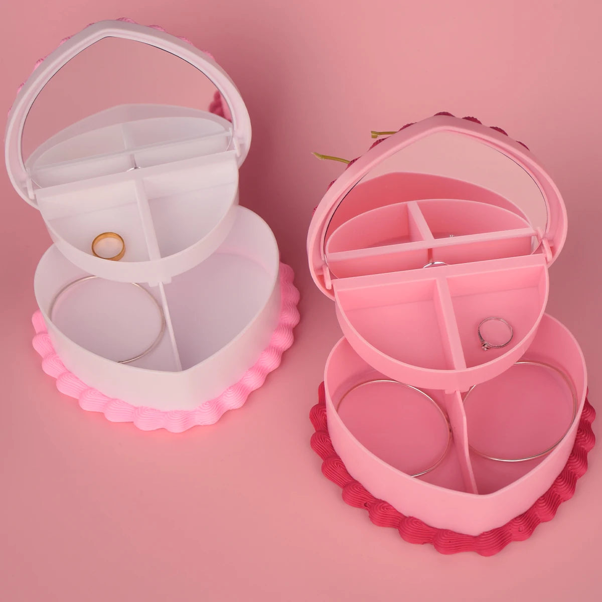 Boîte à bijoux cœur rose avec miroir, style romantique pour décoration intérieure