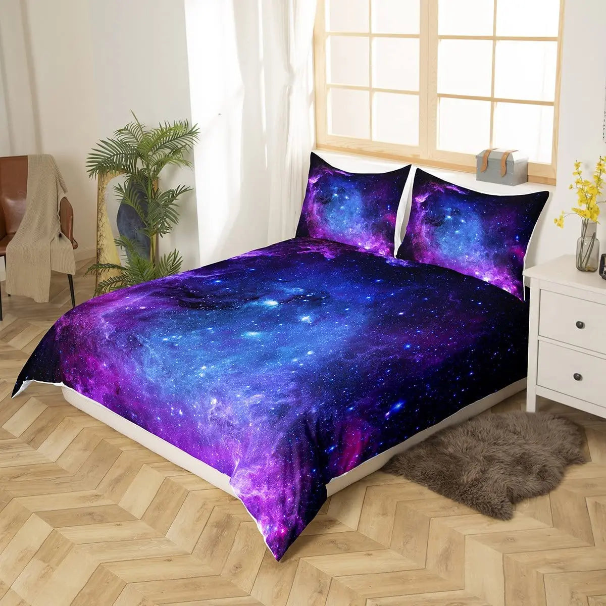 Ensemble literie complet avec housse et taies d'oreiller galaxie sur lit
