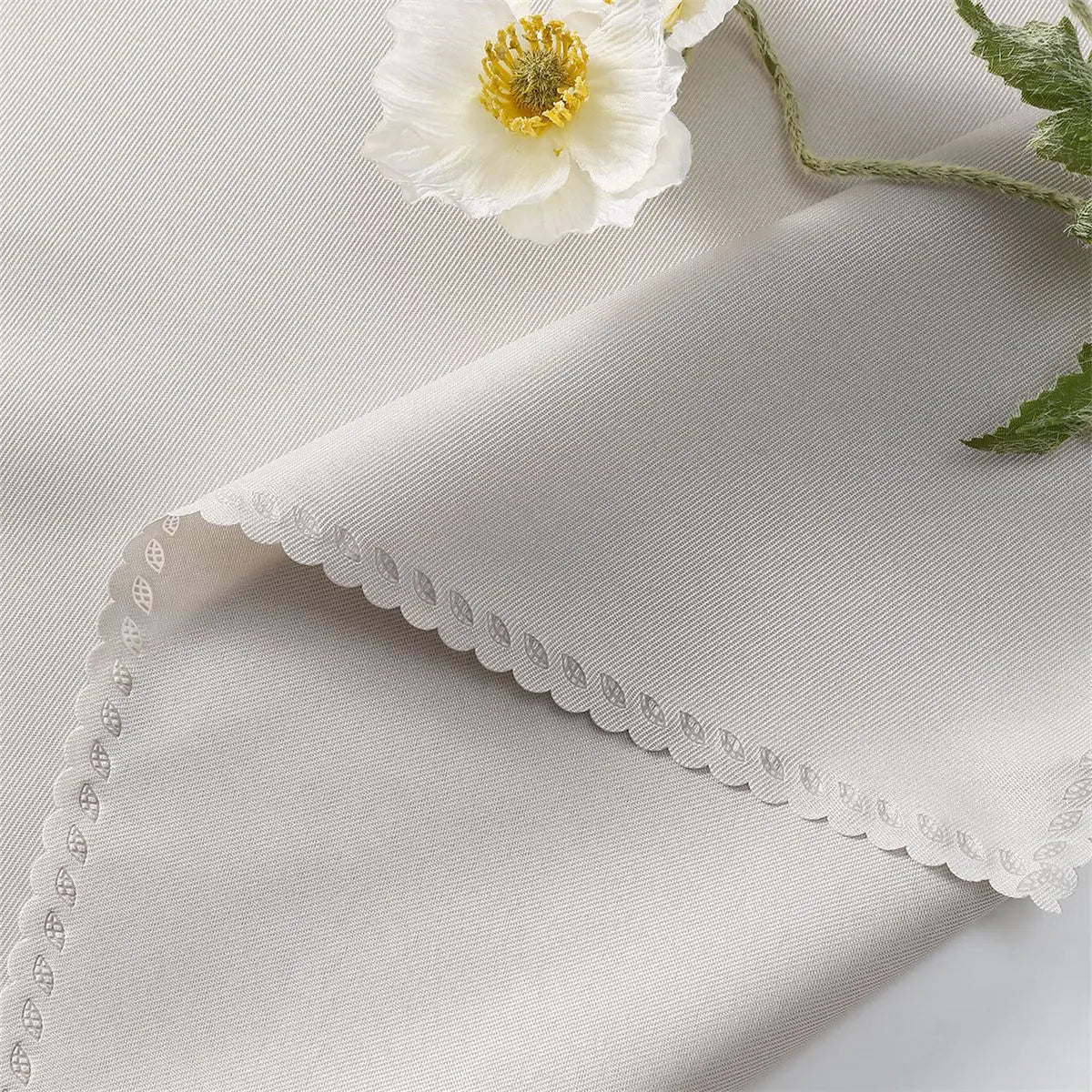 Une délicate fleur blanche aux pétales duveteux sur un fond texturé gris perle.