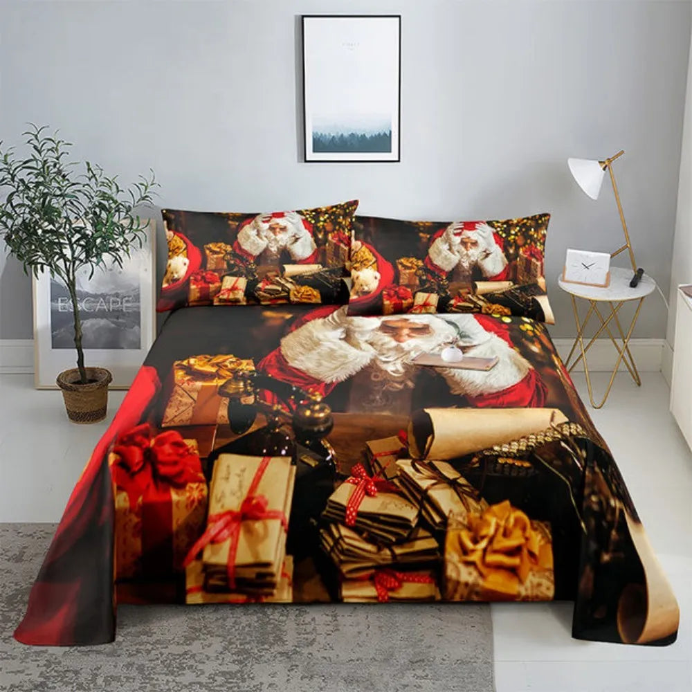 Parure de lit dépliée montrant le design complet rouge et blanc