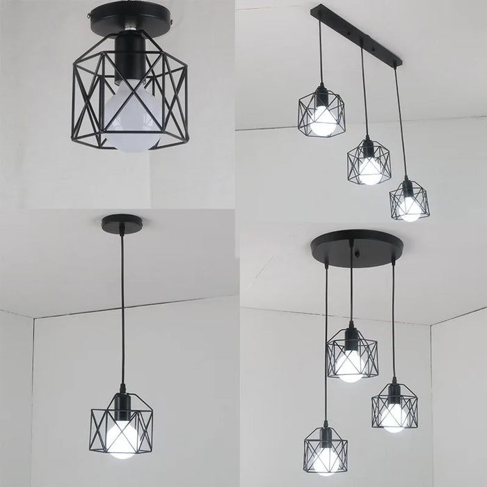 Suspension luminaire couloir fer noir carré diamant