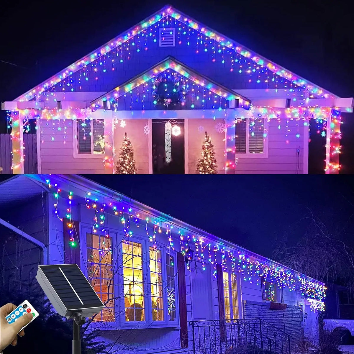 Guirlande solaire en forme de glaçon illuminée dans un jardin de nuit