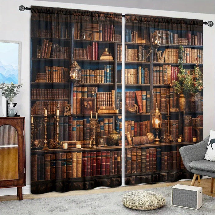 Rideau imprimé bibliothèque médiévale 2 pièces filtrant la lumière dans un salon
