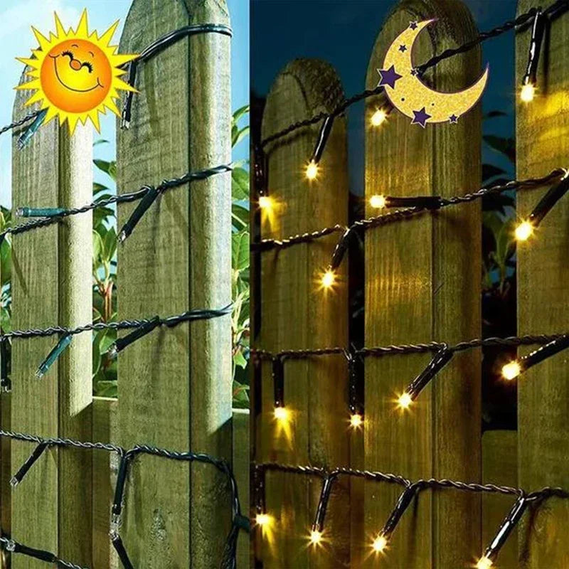Guirlande solaire multicolore décorant une terrasse pour Noël