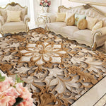 Décor intérieur luxueux avec un canapé en cuir blanc, des coussins décoratifs et un tapis orné de motifs floraux dorés.