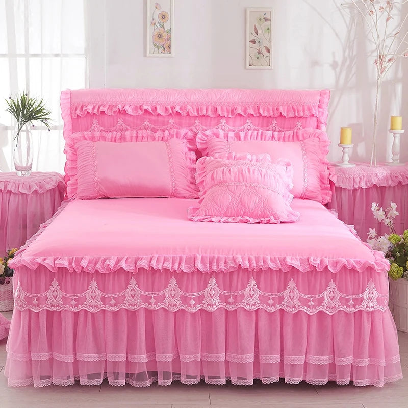 Parure de lit dentelle princesse rose avec taies d'oreiller