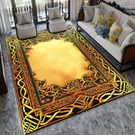 Tapis décoratif de motifs géométriques en tons chauds, créant une ambiance élégante et moderne dans le salon.