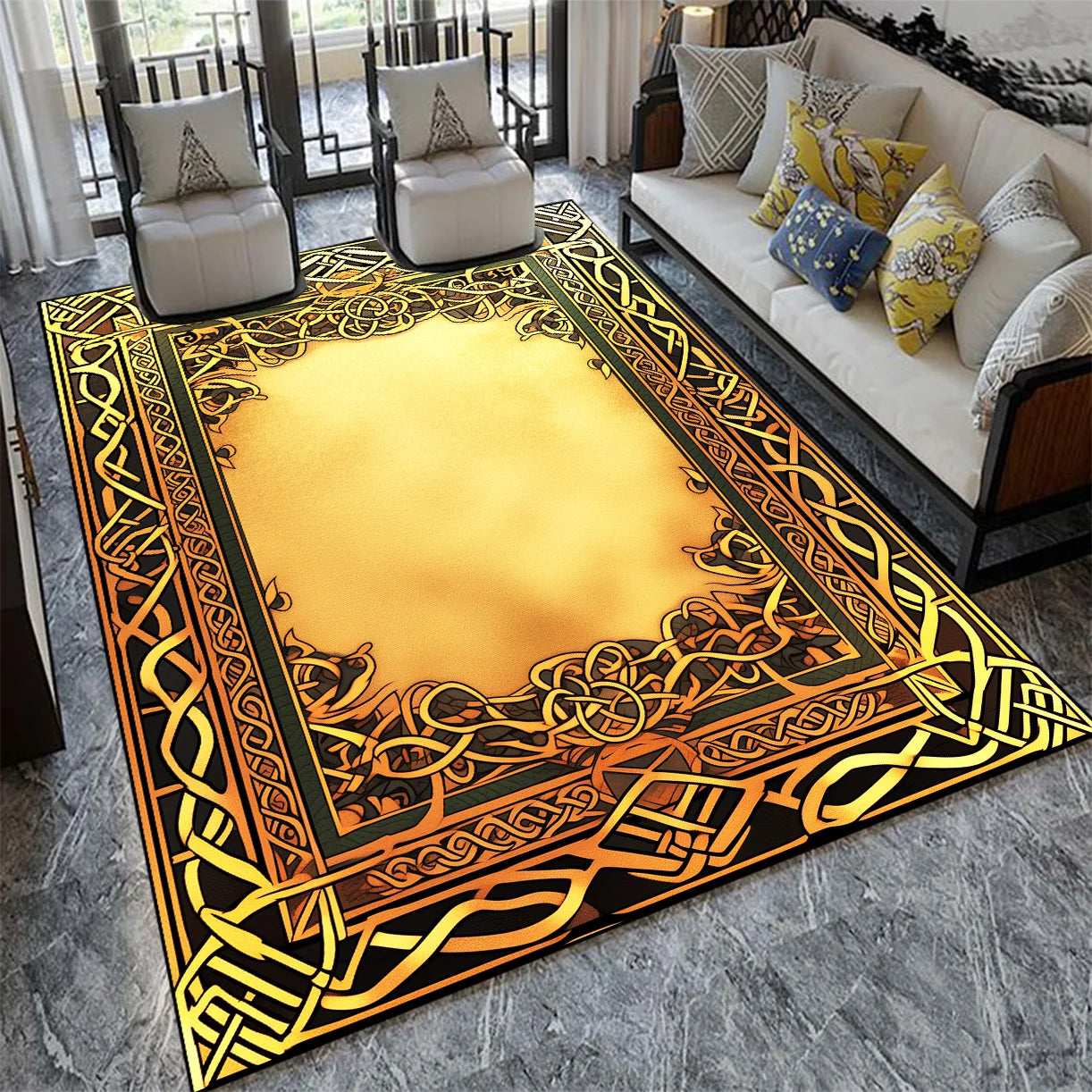 Tapis décoratif de motifs géométriques en tons chauds, créant une ambiance élégante et moderne dans le salon.