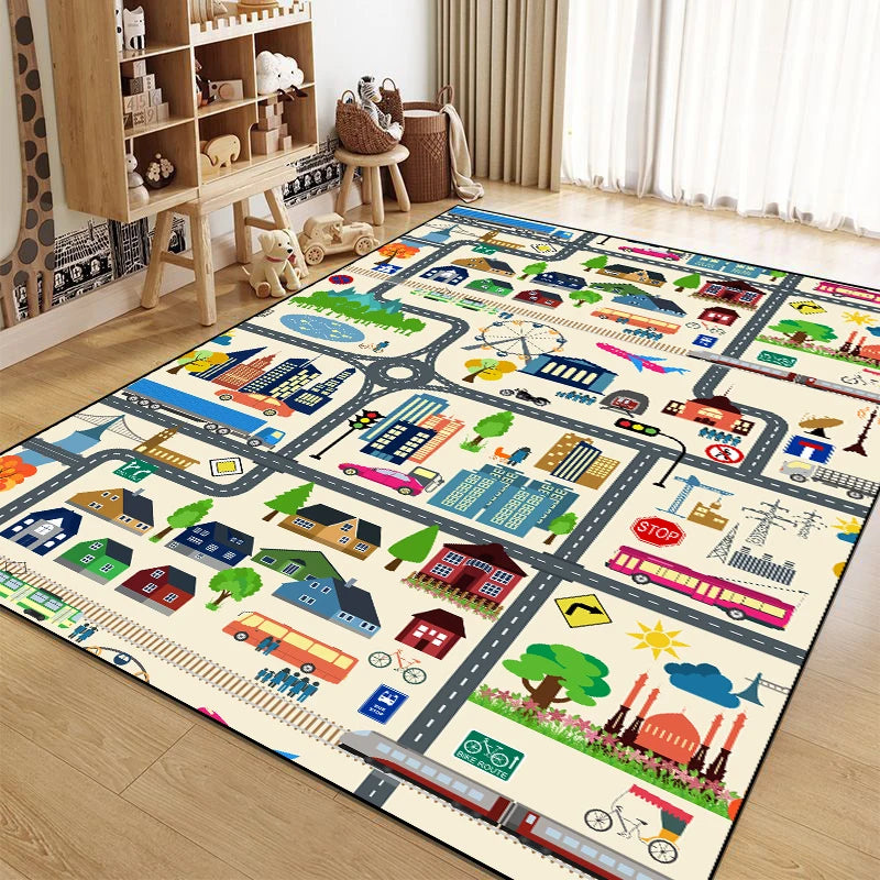 Tapis de jeu coloré et détaillé représentant une ville animée avec des routes, des maisons, des véhicules et des éléments de paysage, créant un environnement ludique et stimulant pour les enfants.