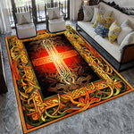 Tapis décoratif avec un motif de croix celtique ornementée sur un fond de couleurs chaudes, créant une atmosphère mystique et élégante dans cette pièce moderne et confortable.