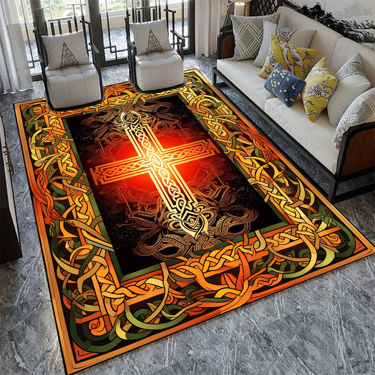 Tapis décoratif avec un motif de croix celtique ornementée sur un fond de couleurs chaudes, créant une atmosphère mystique et élégante dans cette pièce moderne et confortable.