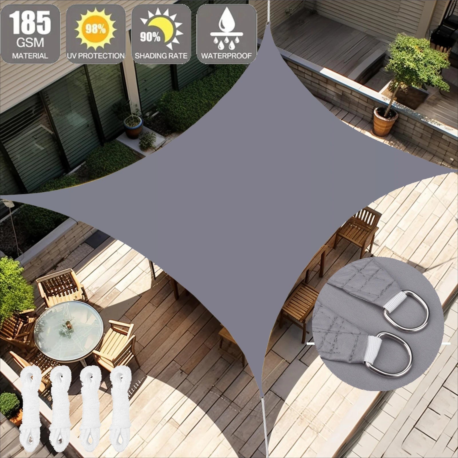 Voile d'ombrage rectangulaire 6x4 m blanche sur terrasse