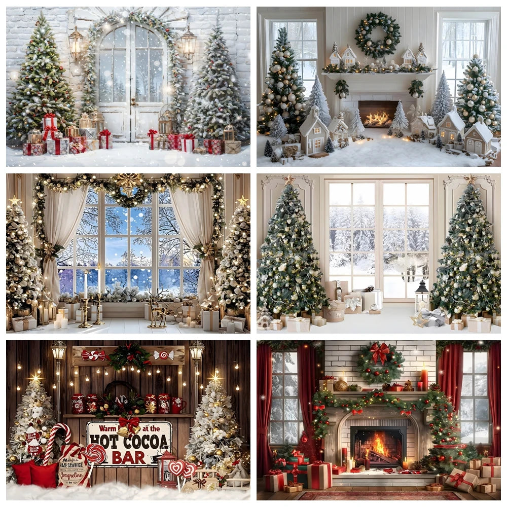 Toile de fond Noël fenêtre hiver cheminée arbre cadeaux couronne