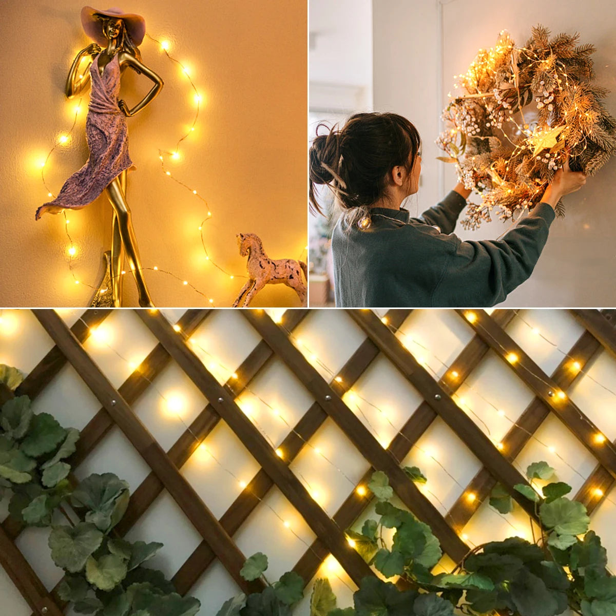 Installation de la guirlande lumineuse LED le long d'une clôture de jardin