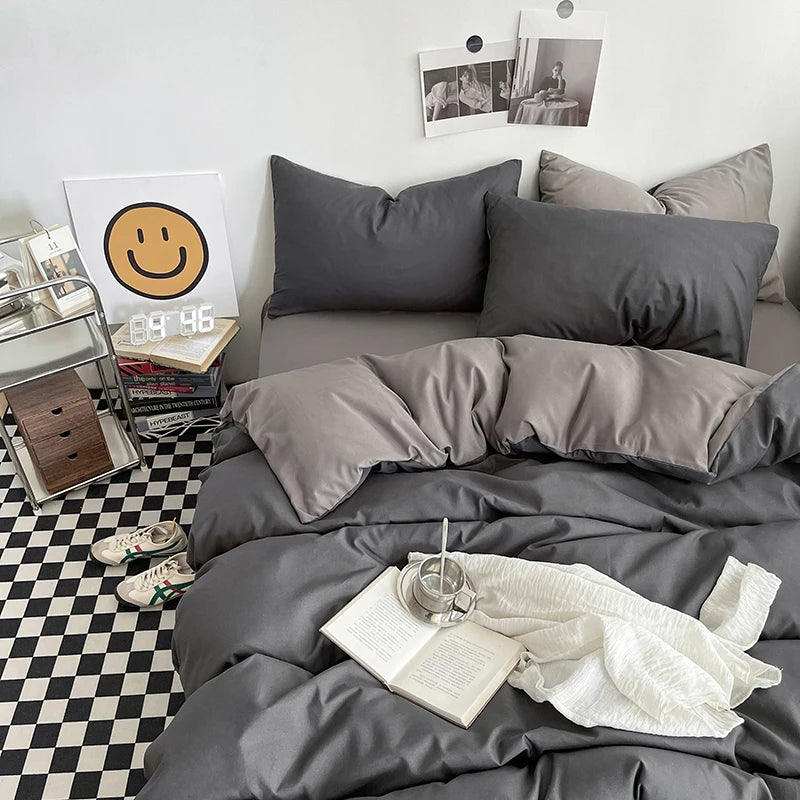 Housse de couette coton lavé noir 3 pièces sur lit
