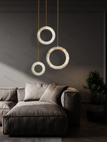 Suspension cercle marbre chrome salon