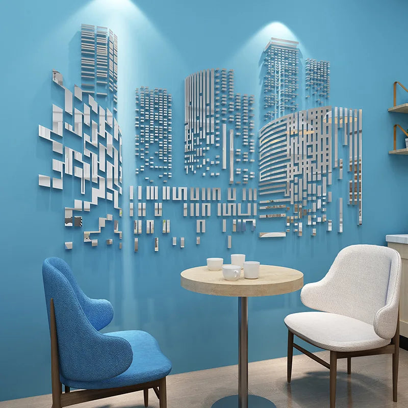 Sticker mural acrylique effet miroir motif ville moderne kaki