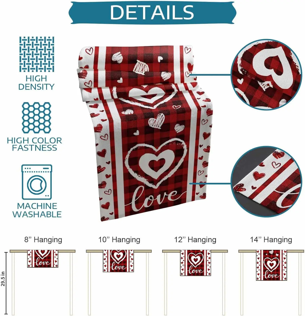 Une bannière rouge et blanche avec des motifs de cœurs décoratifs pour une décoration intérieure saisonnière.