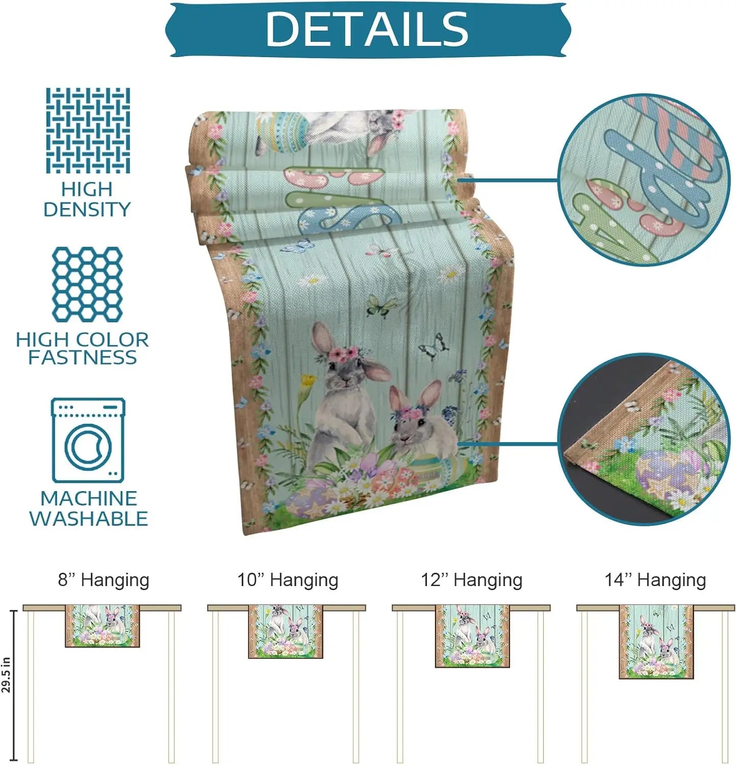 Magnifique tapisserie murale avec des lapins, des fleurs et des papillons sur fond vert.
