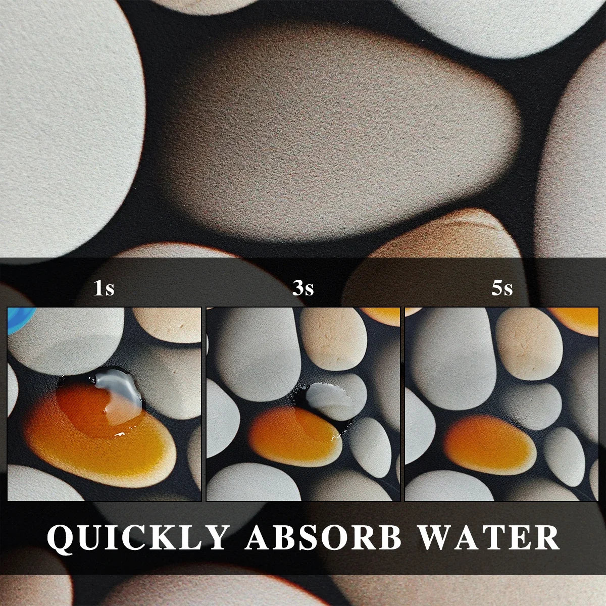 L'image montre des pierres de rivière absorbant rapidement l'eau, illustrant leur capacité à absorber l'eau efficacement.