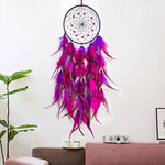 Un magnifique attrape-rêves en plumes violettes et roses, suspendu à un crochet, décore harmonieusement cette pièce.