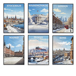 Une collection d'affiches vintage représentant les paysages emblématiques de Stockholm, Washington DC, Londres, Madrid, Prague et Rome.
