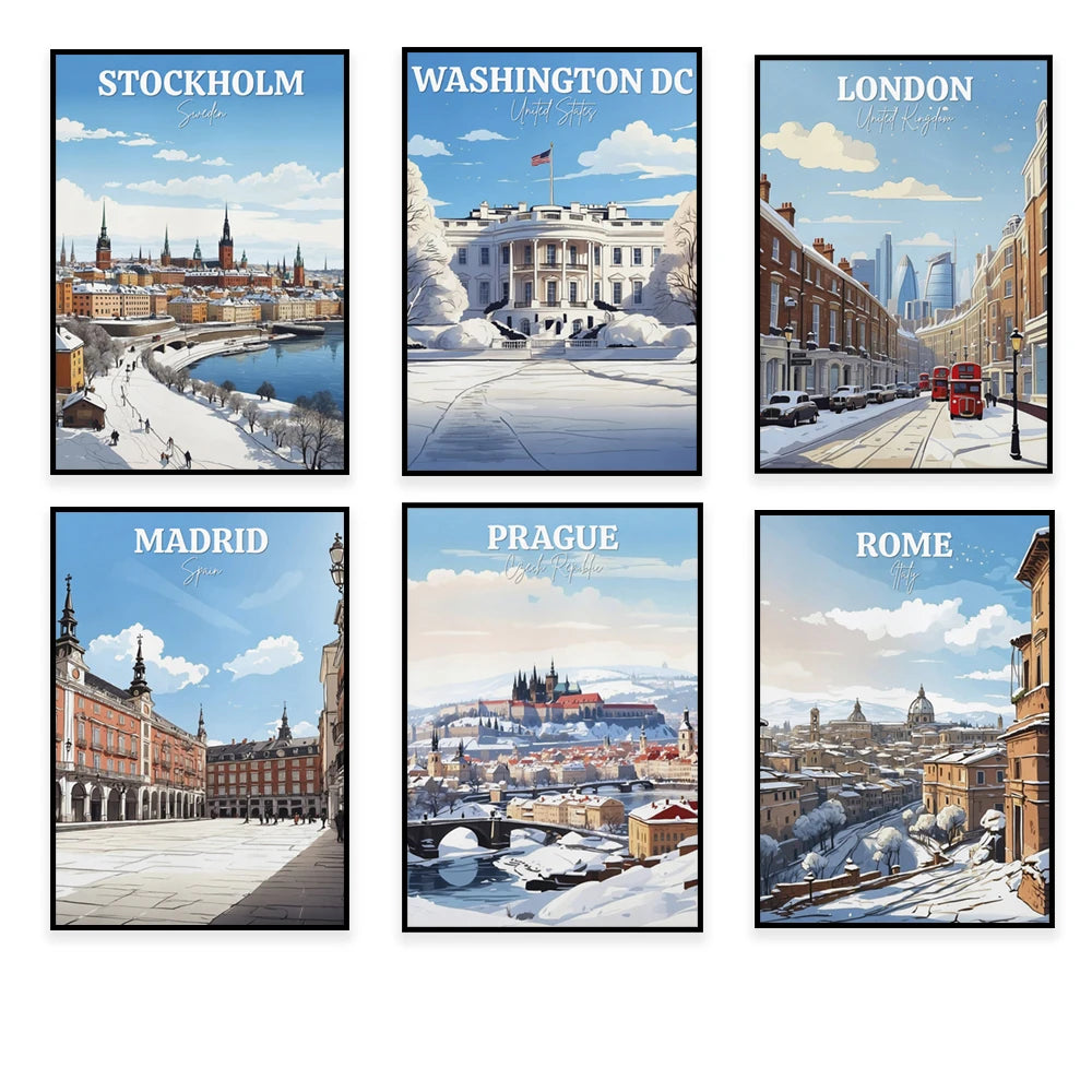 Une collection d'affiches vintage représentant les paysages emblématiques de Stockholm, Washington DC, Londres, Madrid, Prague et Rome.