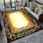 Tapis décoratif avec motifs ethniques dorés et noirs, créant un style moderne et raffiné dans le salon.