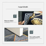 Tapis moderne au motif géométrique, texture de polyester lisse et détails dorés élégants.