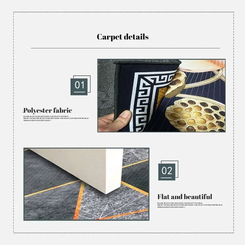Tapis moderne au motif géométrique, texture de polyester lisse et détails dorés élégants.