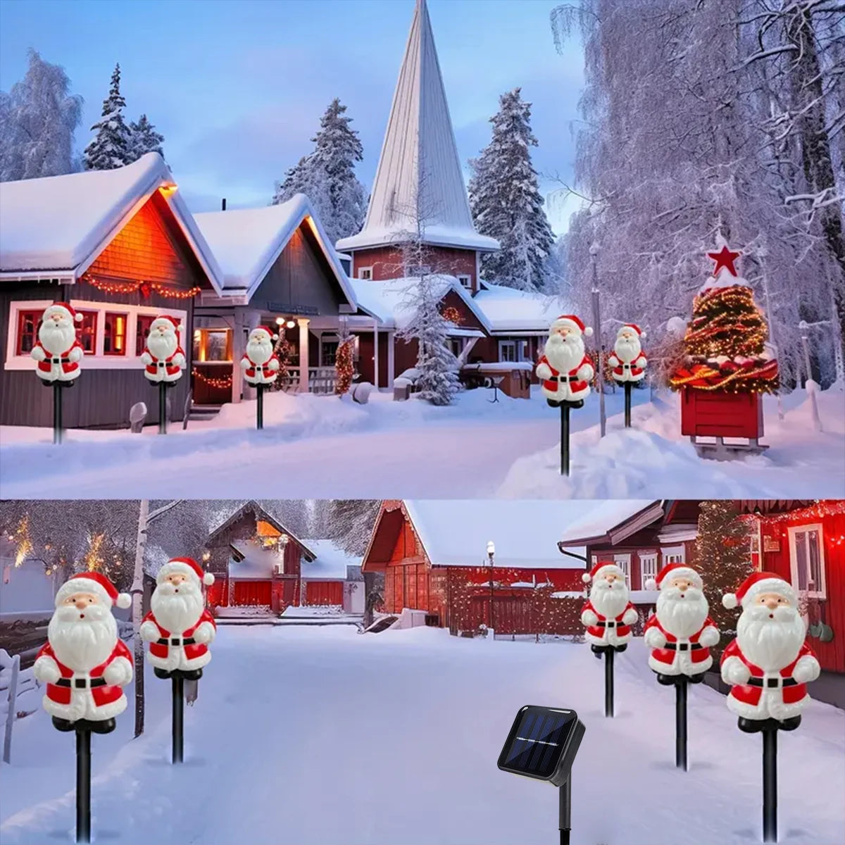 Installation des lampes solaires dans un jardin décoré pour Noël