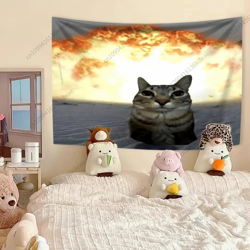 Tapisserie murale chat kawaii accrochée dans une chambre décorée