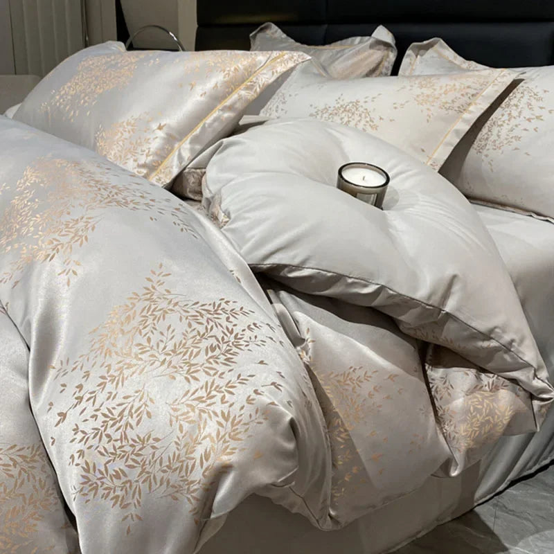 Parure de lit Jacquard en soie et coton couleur chair sur lit double