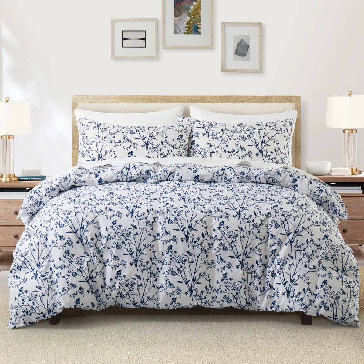 Housse de couette réversible bleu et blanc motif floral vintage