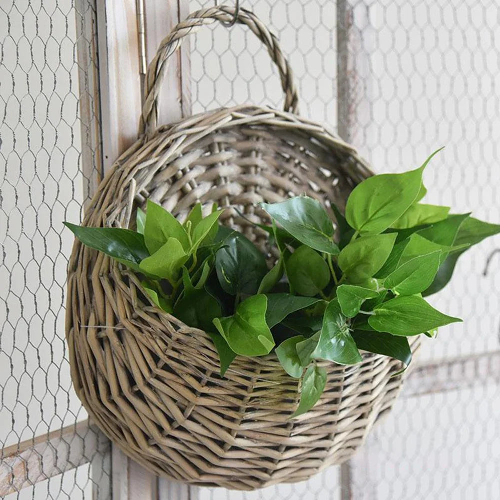 Panier mural en osier utilisé comme vase pour fleurs séchées