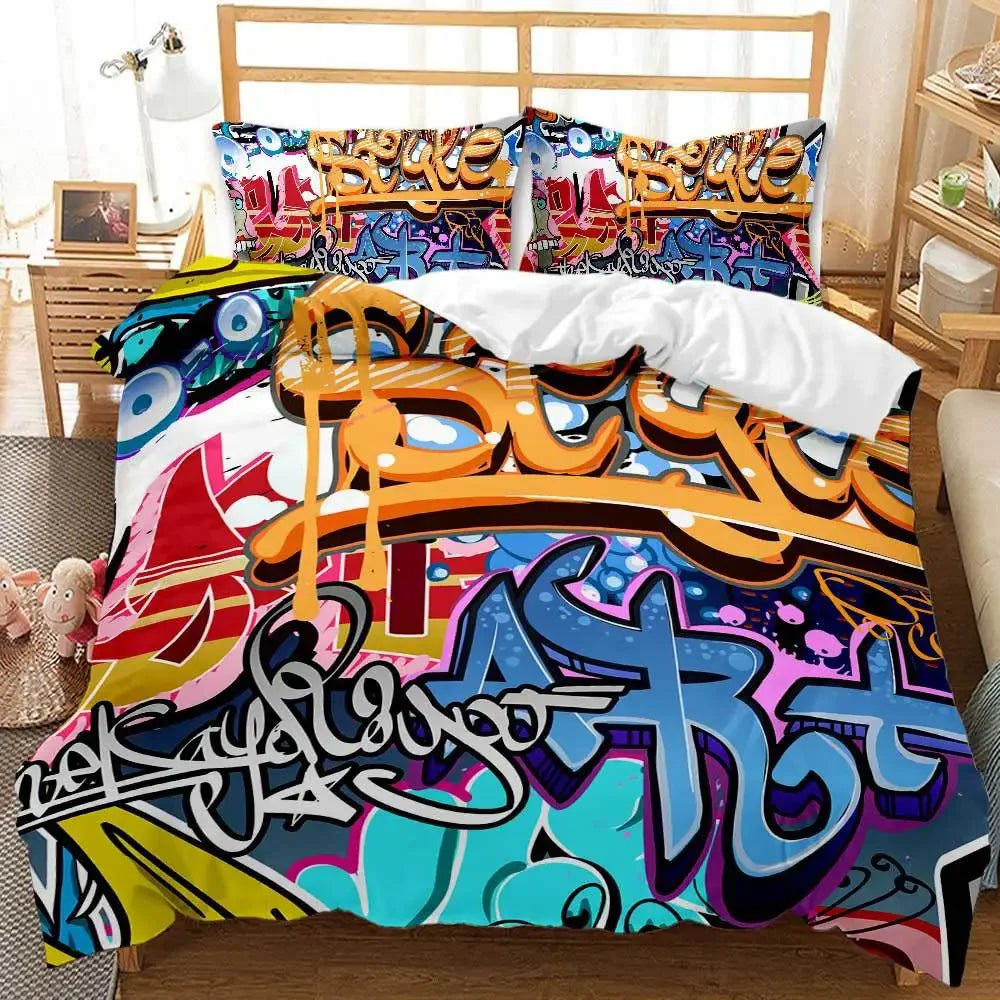 Détail du motif géométrique graffiti sur housse de couette polyester