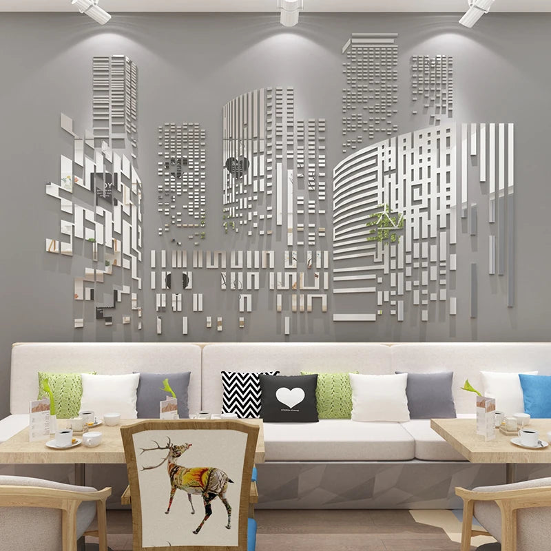 Sticker mural acrylique effet miroir motif ville moderne noir
