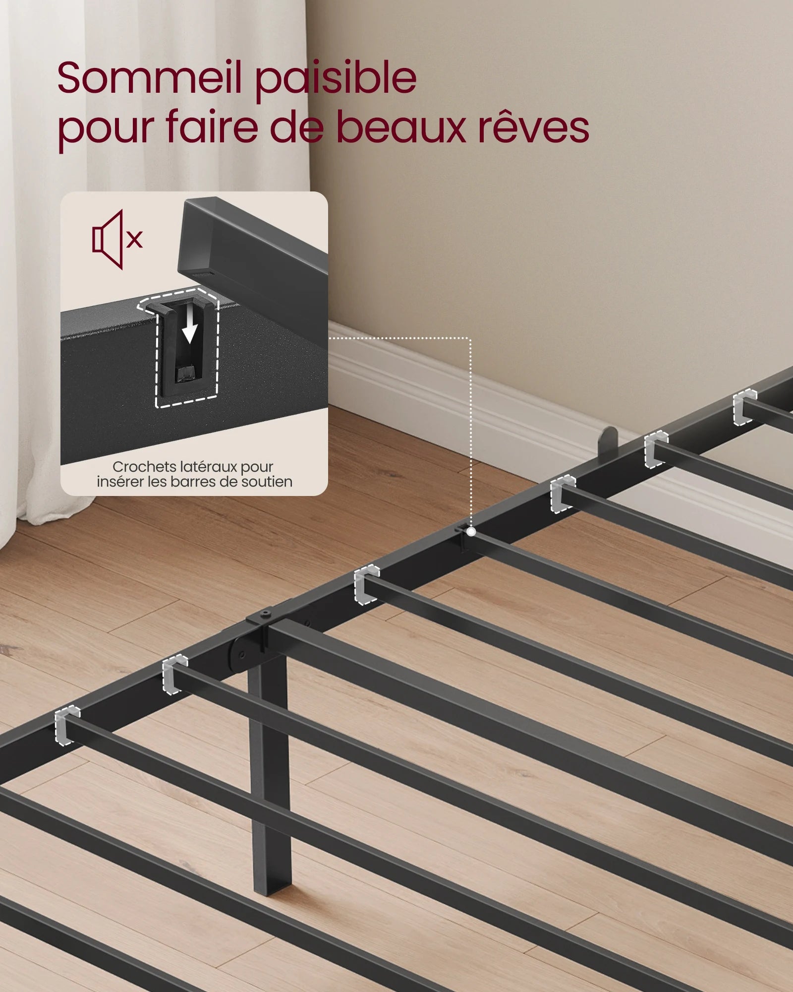 Cadre de lit assemblé dans une chambre à coucher élégante avec décoration neutre