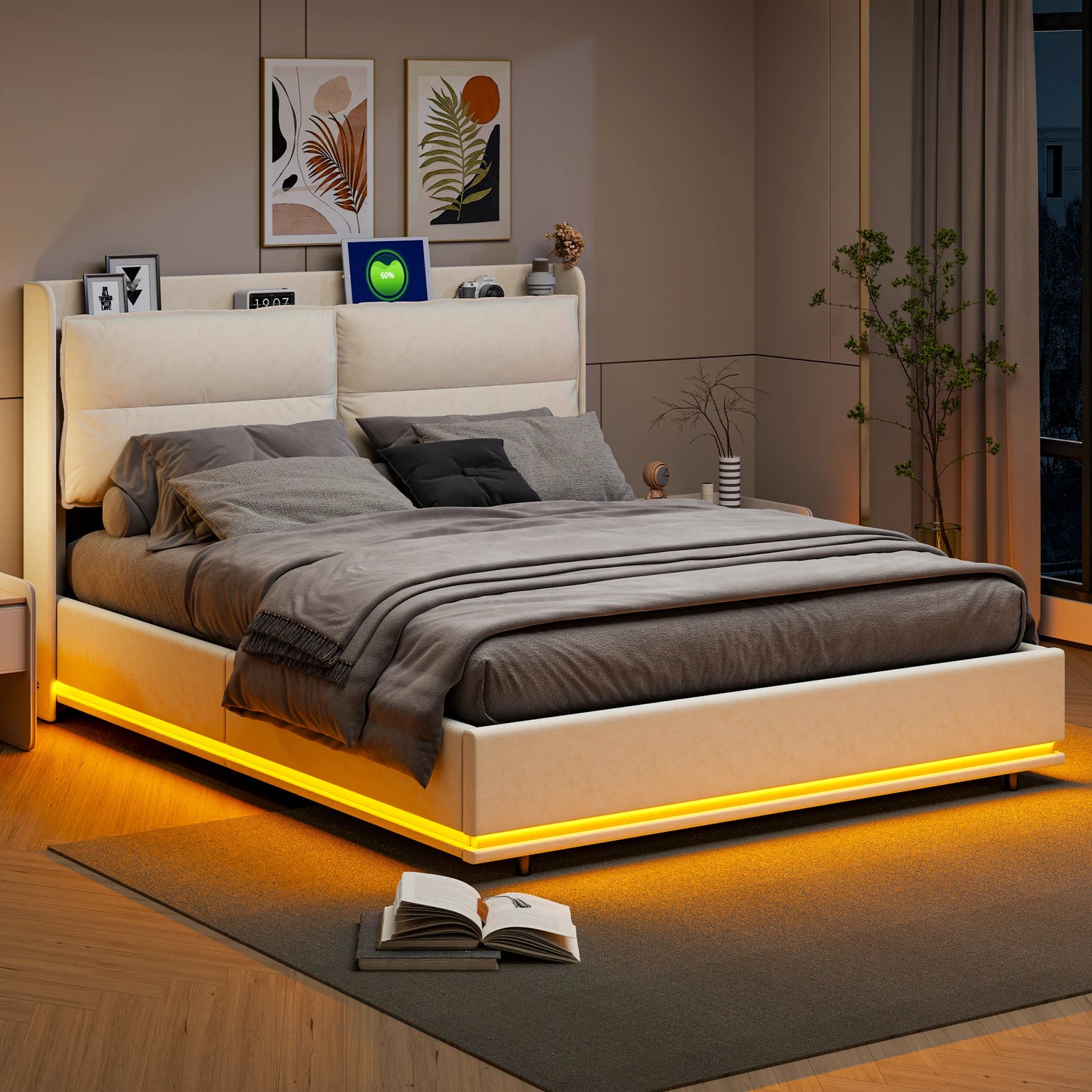 Détail de la tête de lit capitonnée en velours avec prises USB