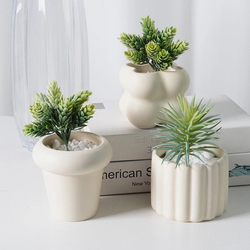 Pot de fleurs européen sur bureau avec plante verte