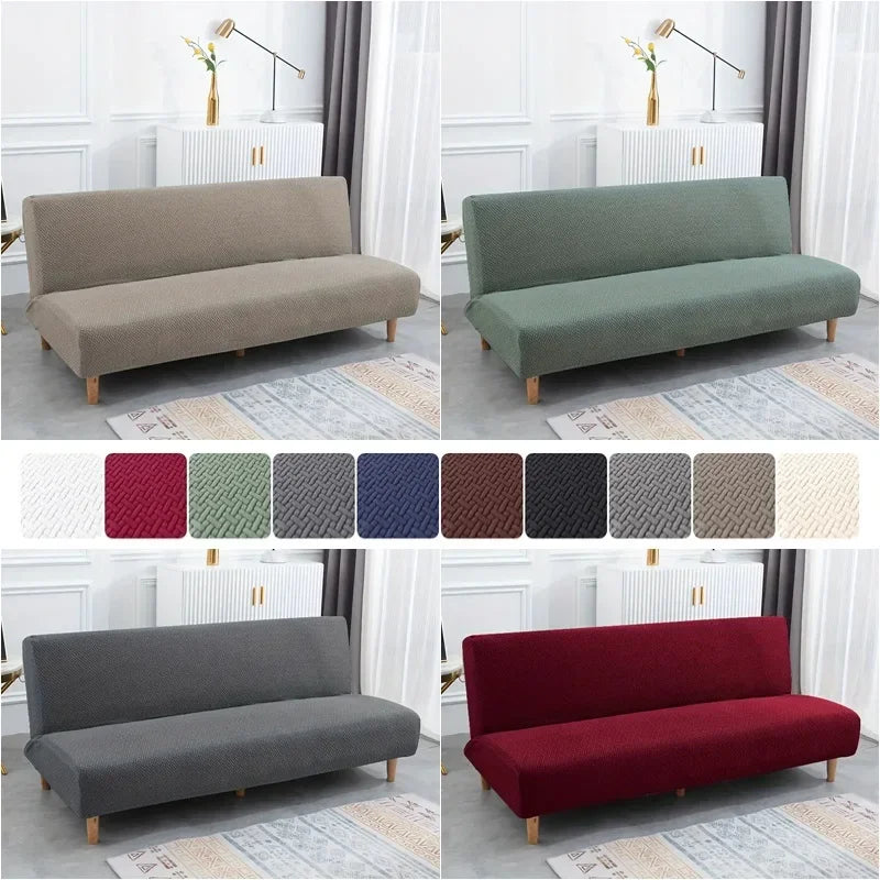 Housse de canapé-lit extensible en Jacquard vert sur canapé sans accoudoirs