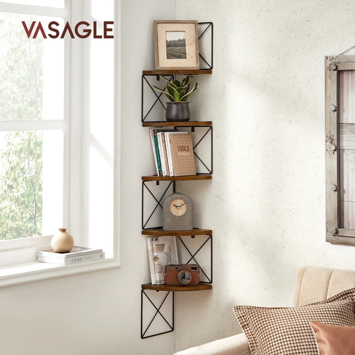 Étagère murale échelle 5 niveaux angle marron rustique