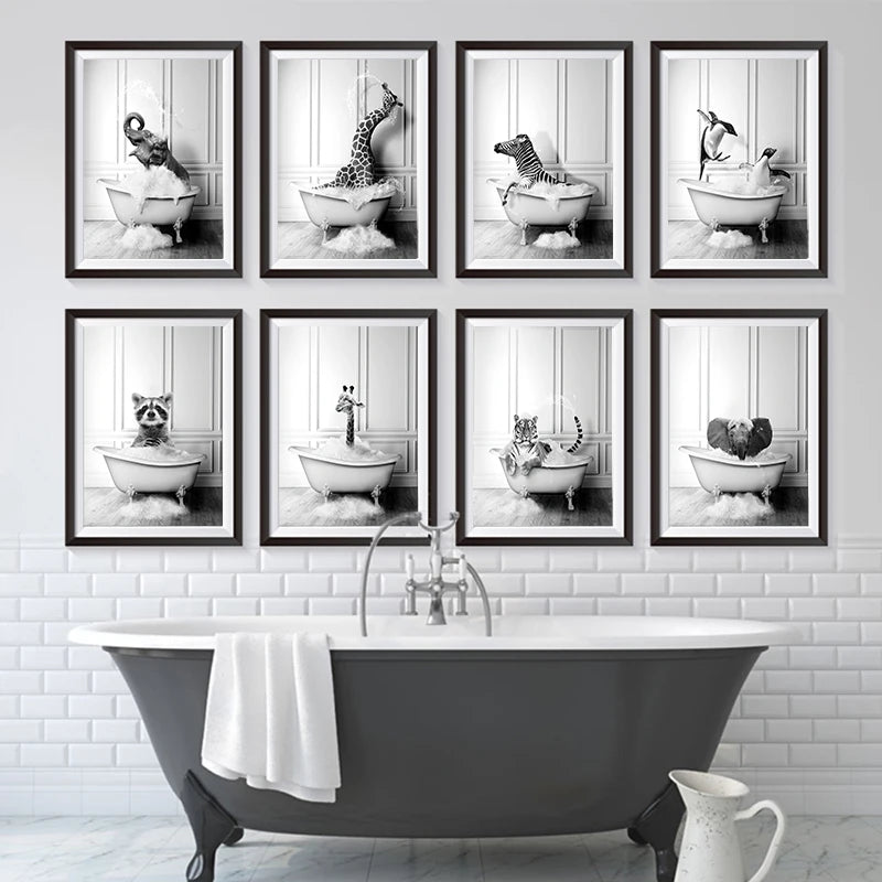 Tableau d'art mural animaux noir et blanc pour salle de bain