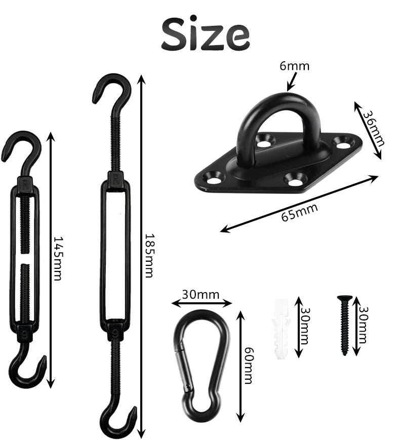 Détail des pièces du kit de fixation voile ombrage